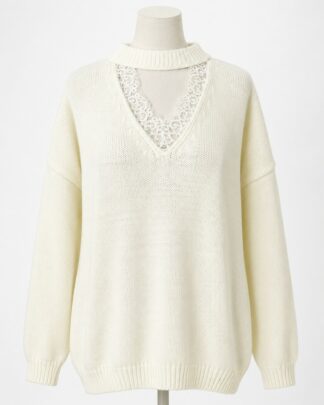 Pull à col ouvert en dentelle blanc